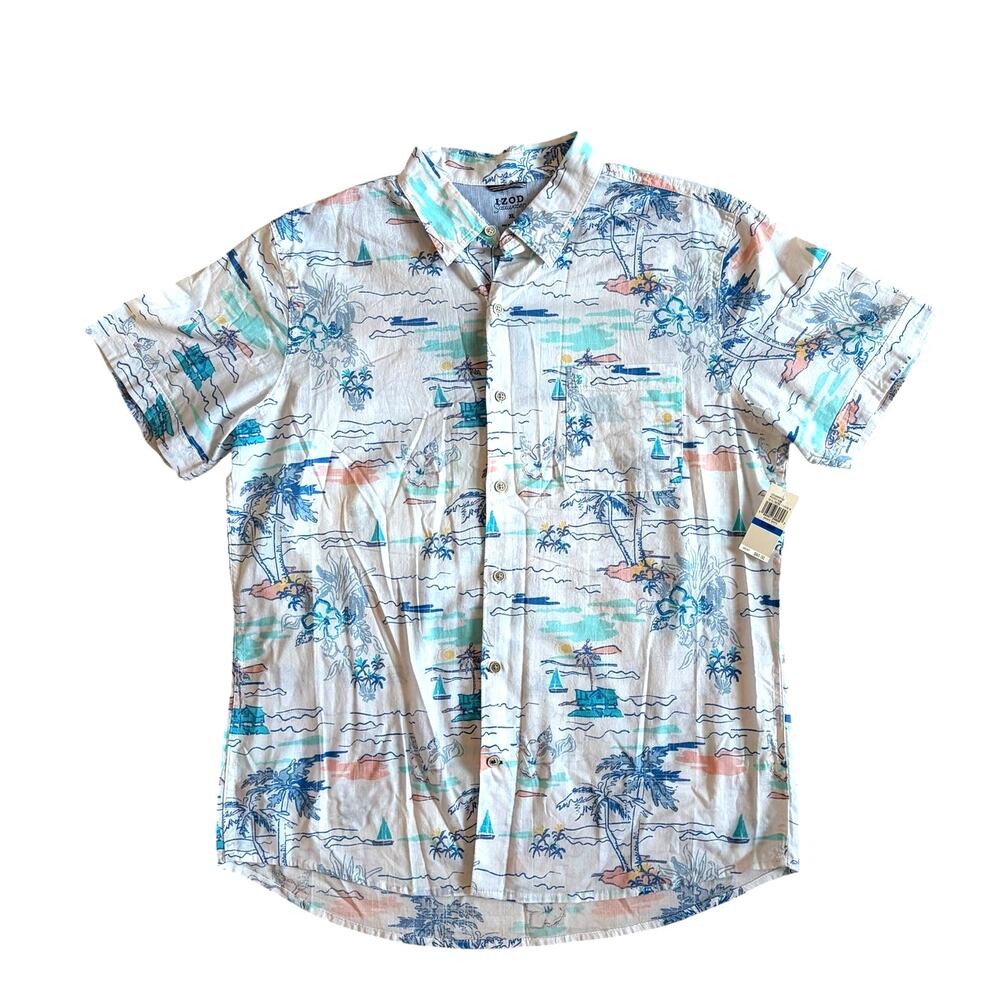 IZOD Saltwater Men's XL Short Sleeve Button Up Shirt Tropical Hawaiian NEW
